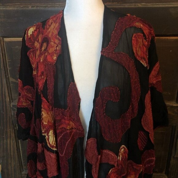 Chicos Kimono Open Front Sheer Embroidered Large Flowers Red & Black Large - Picture 2 of 7